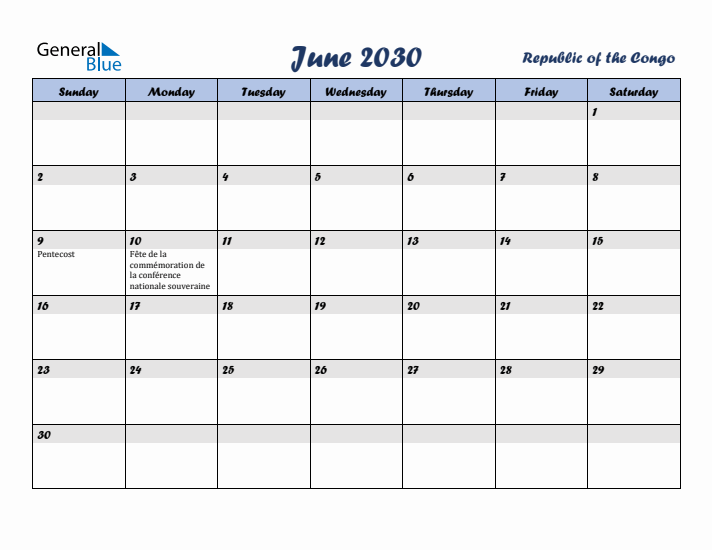 June 2030 Calendar with Holidays in Republic of the Congo
