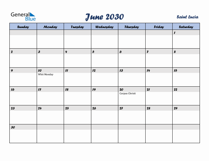 June 2030 Calendar with Holidays in Saint Lucia
