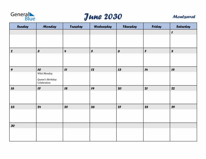 June 2030 Calendar with Holidays in Montserrat