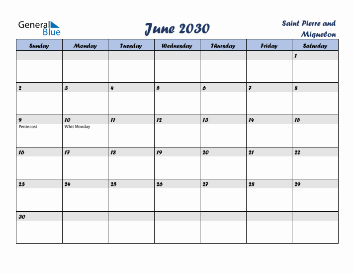 June 2030 Calendar with Holidays in Saint Pierre and Miquelon