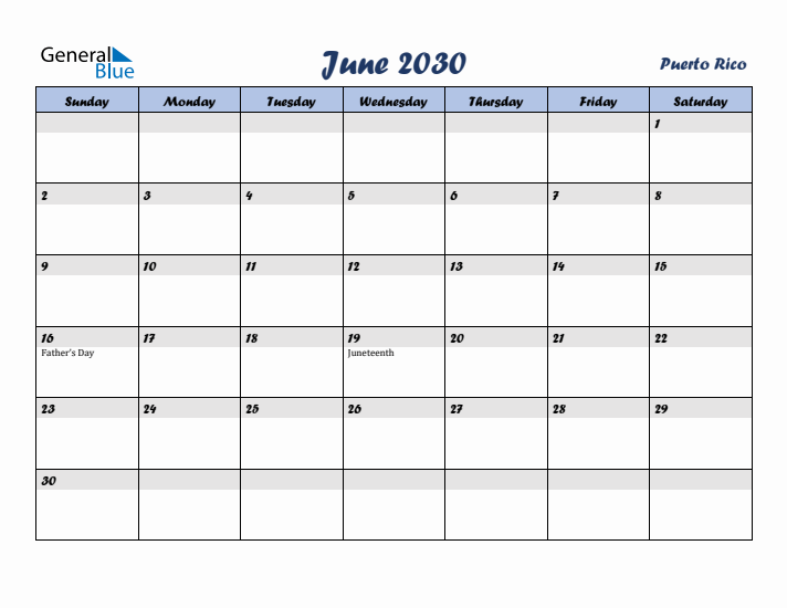 June 2030 Calendar with Holidays in Puerto Rico