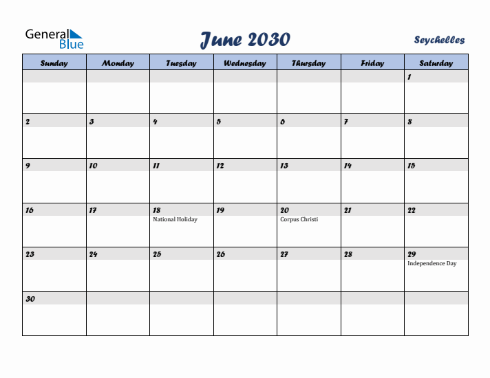 June 2030 Calendar with Holidays in Seychelles