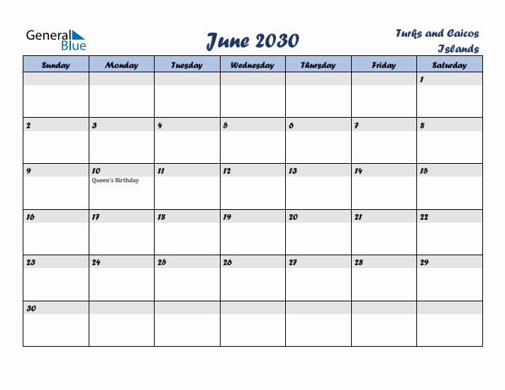 June 2030 Calendar with Holidays in Turks and Caicos Islands