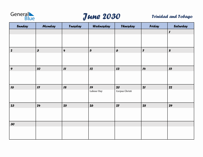 June 2030 Calendar with Holidays in Trinidad and Tobago