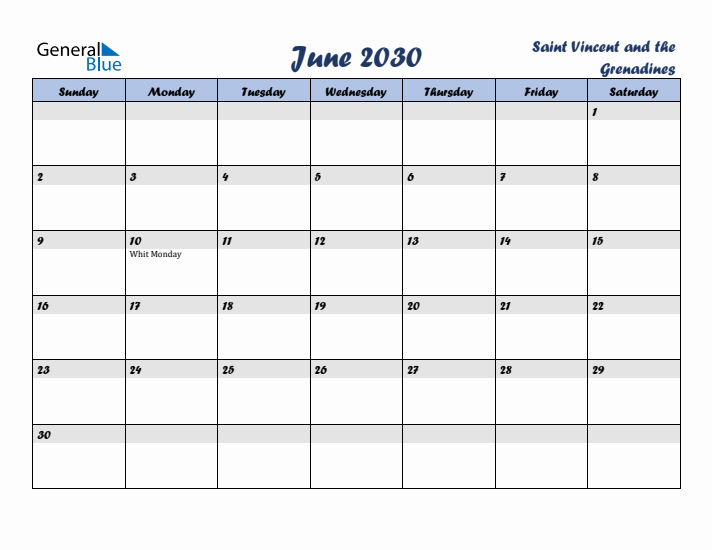 June 2030 Calendar with Holidays in Saint Vincent and the Grenadines