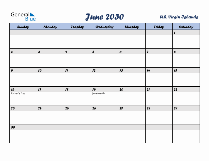 June 2030 Calendar with Holidays in U.S. Virgin Islands