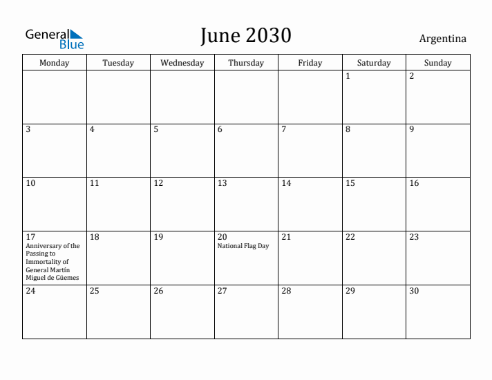June 2030 Calendar Argentina