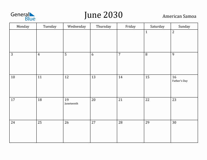 June 2030 Calendar American Samoa