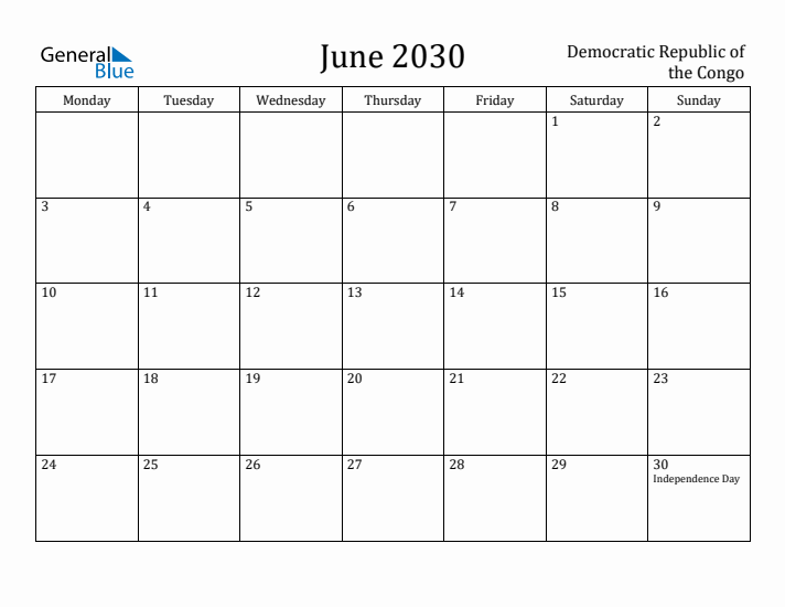 June 2030 Calendar Democratic Republic of the Congo