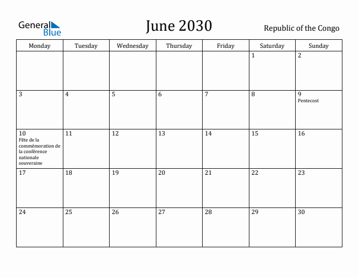 June 2030 Calendar Republic of the Congo