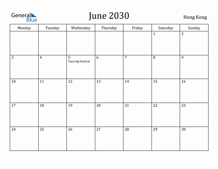 June 2030 Calendar Hong Kong
