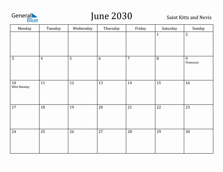 June 2030 Calendar Saint Kitts and Nevis