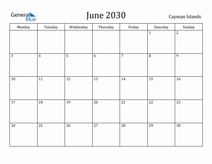 June 2030 Calendar Cayman Islands