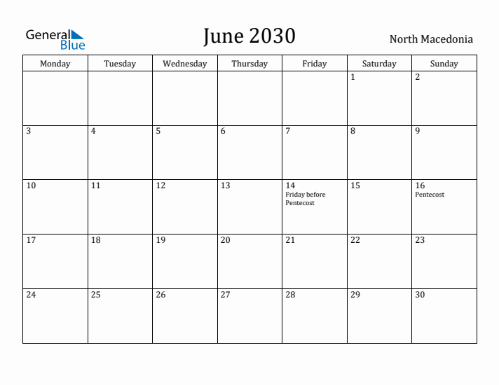 June 2030 Calendar North Macedonia