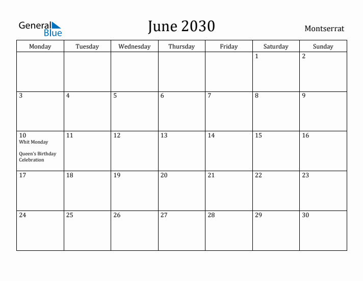 June 2030 Calendar Montserrat