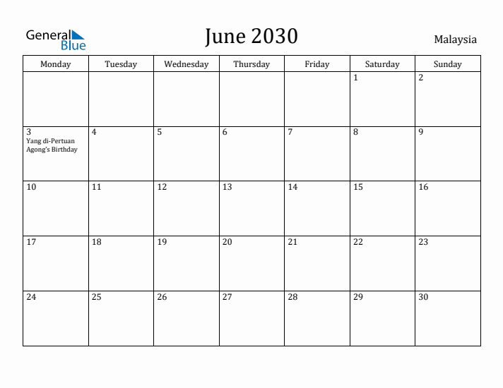 June 2030 Calendar Malaysia