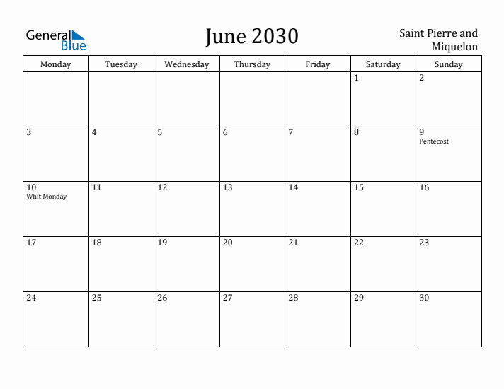June 2030 Calendar Saint Pierre and Miquelon