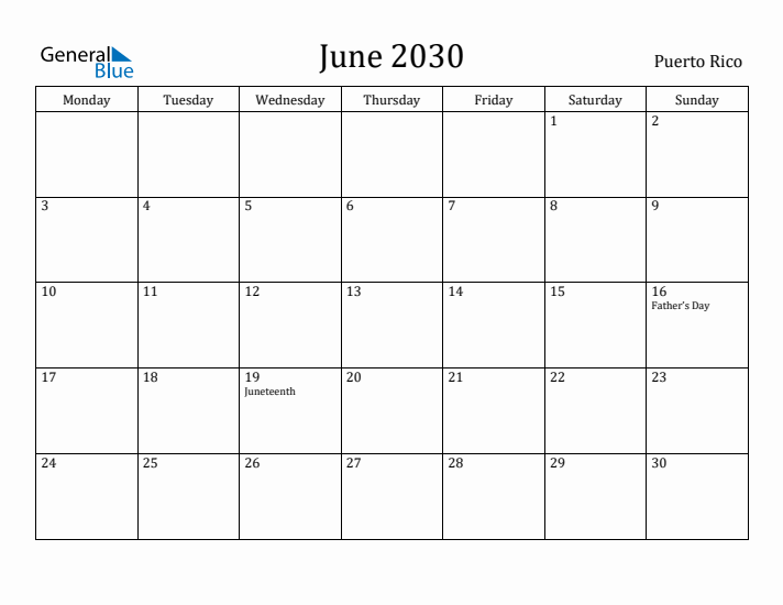 June 2030 Calendar Puerto Rico