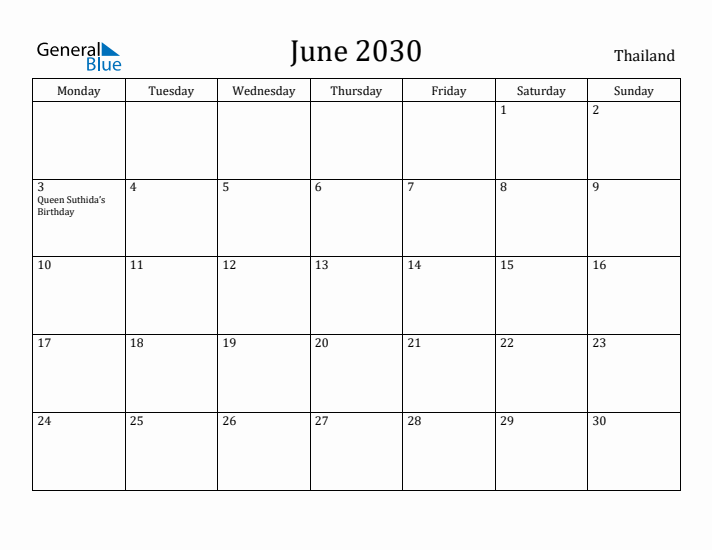June 2030 Calendar Thailand