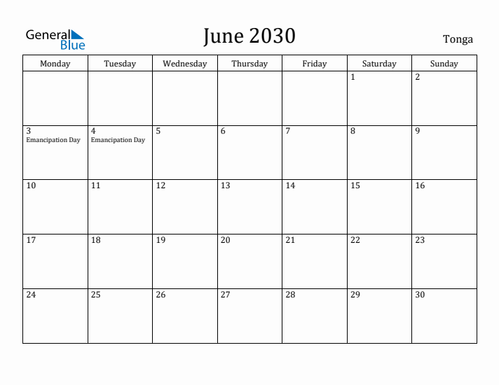 June 2030 Calendar Tonga
