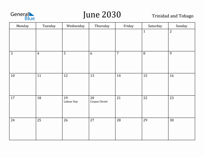 June 2030 Calendar Trinidad and Tobago