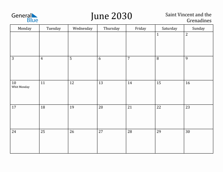 June 2030 Calendar Saint Vincent and the Grenadines