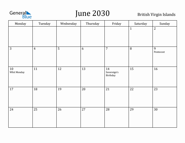 June 2030 Calendar British Virgin Islands