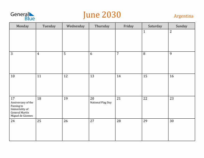 June 2030 Holiday Calendar with Monday Start