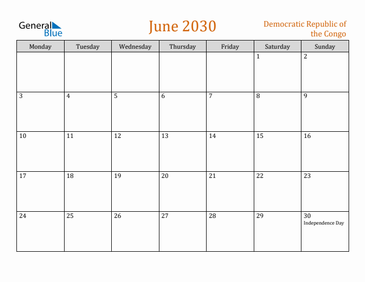 June 2030 Holiday Calendar with Monday Start