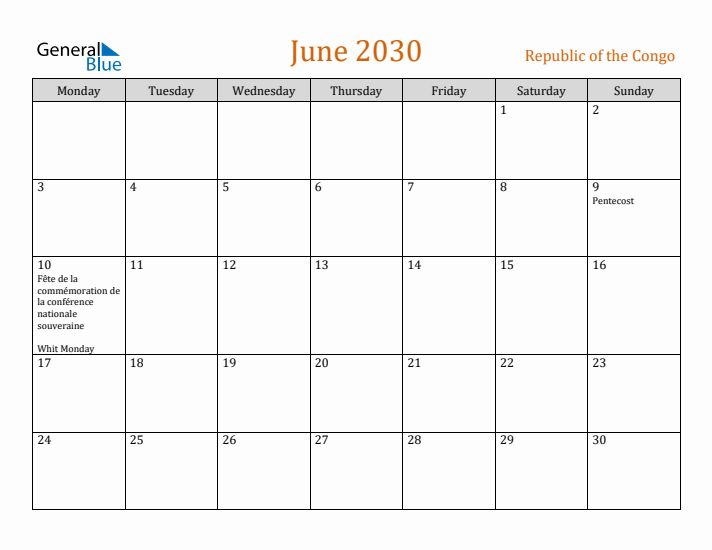 June 2030 Holiday Calendar with Monday Start