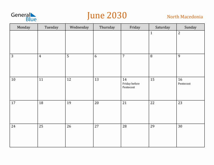June 2030 Holiday Calendar with Monday Start