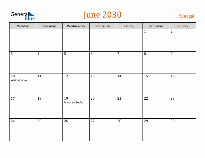 June 2030 Holiday Calendar with Monday Start