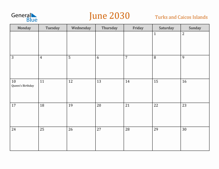 June 2030 Holiday Calendar with Monday Start
