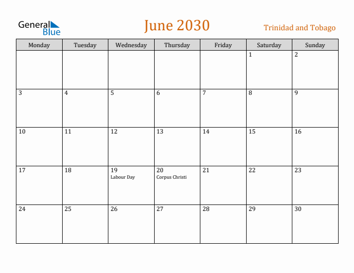 June 2030 Holiday Calendar with Monday Start