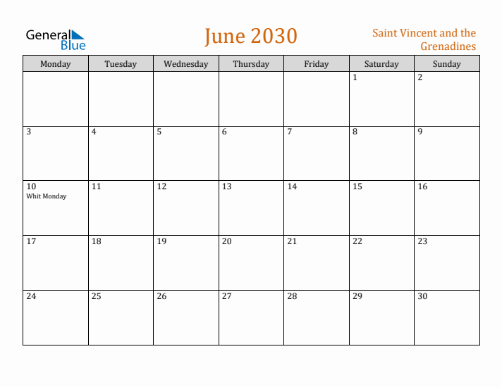 June 2030 Holiday Calendar with Monday Start