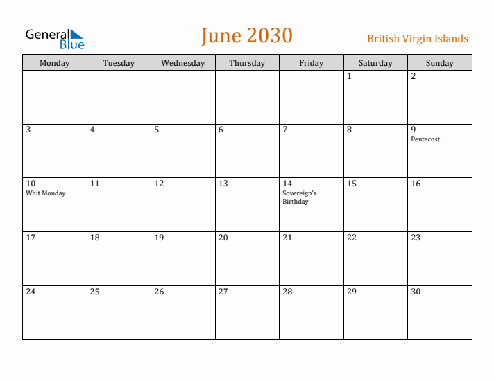 June 2030 Holiday Calendar with Monday Start