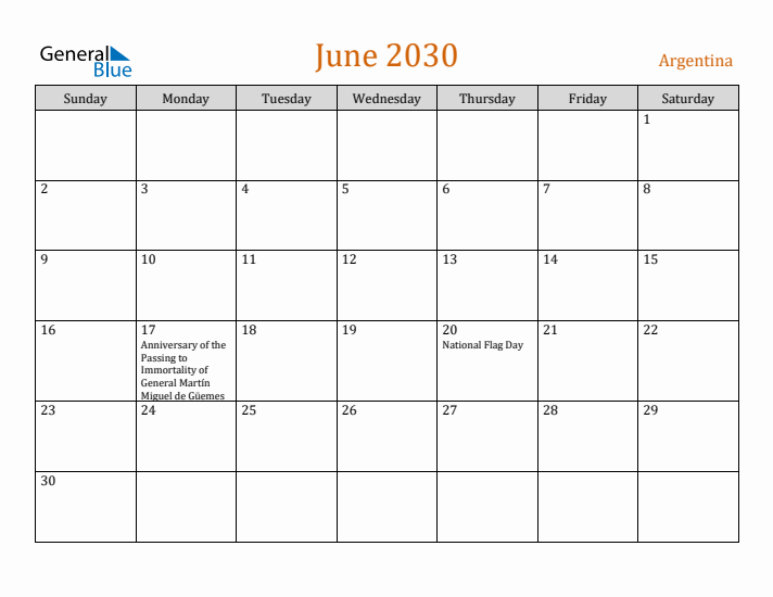 June 2030 Holiday Calendar with Sunday Start