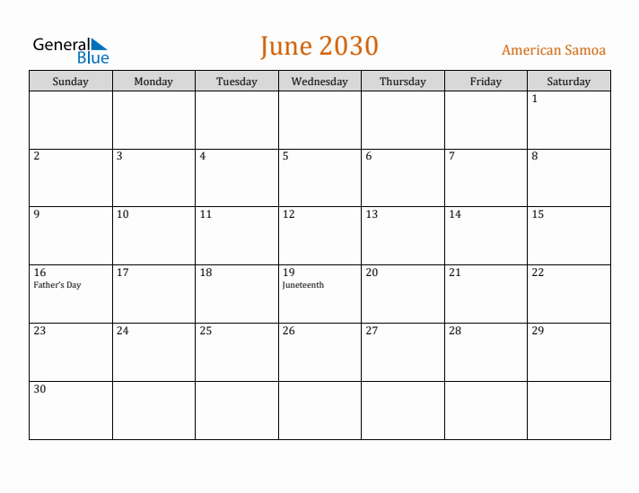 June 2030 Holiday Calendar with Sunday Start