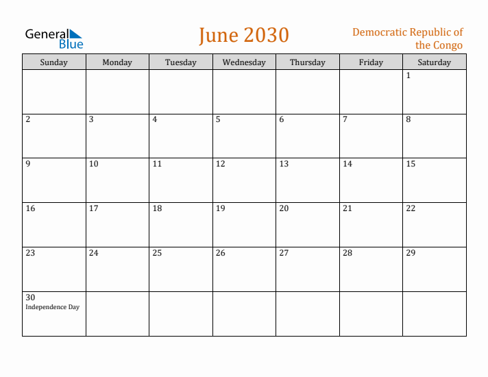 June 2030 Holiday Calendar with Sunday Start