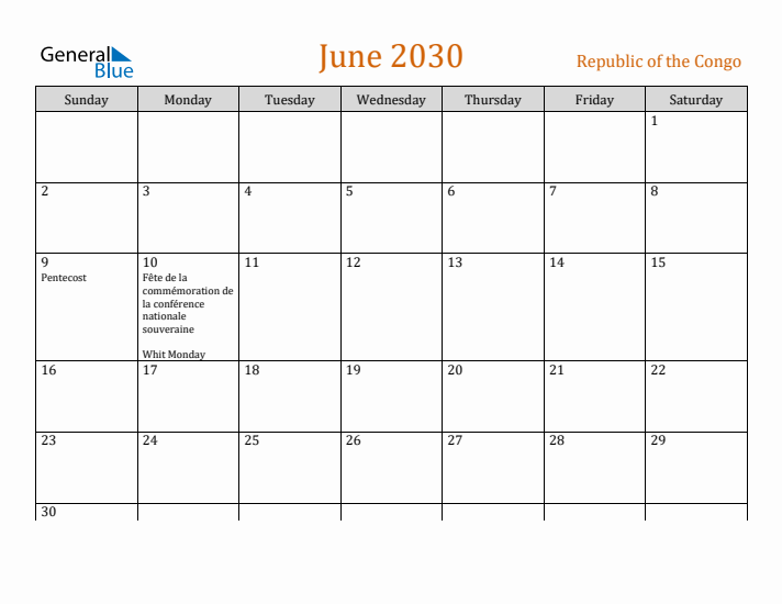 June 2030 Holiday Calendar with Sunday Start