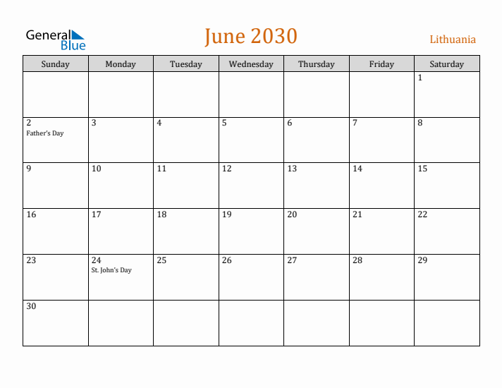 June 2030 Holiday Calendar with Sunday Start
