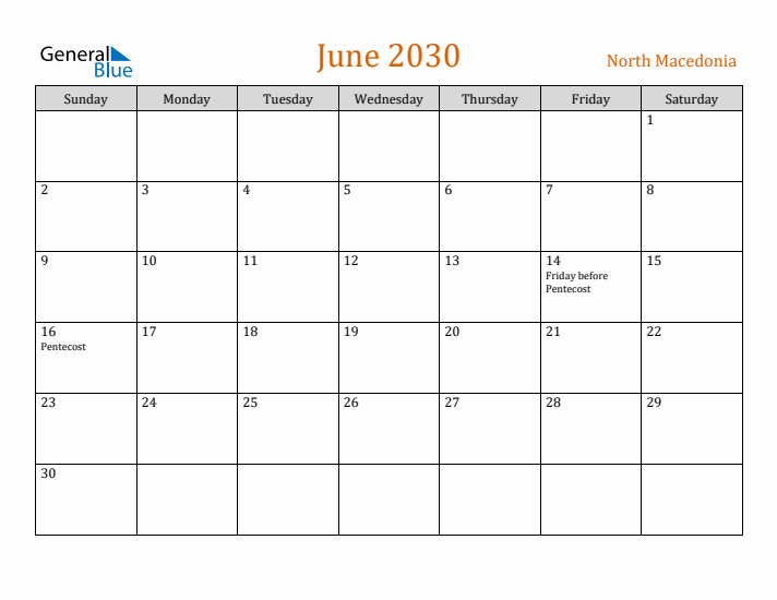 June 2030 Holiday Calendar with Sunday Start