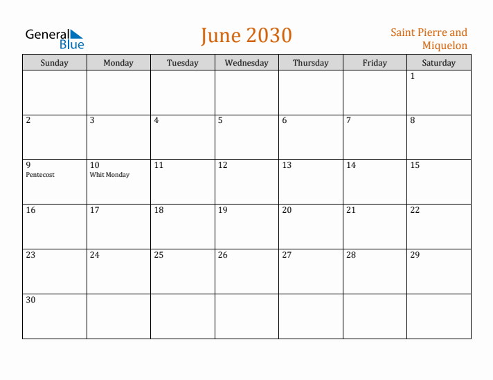 June 2030 Holiday Calendar with Sunday Start
