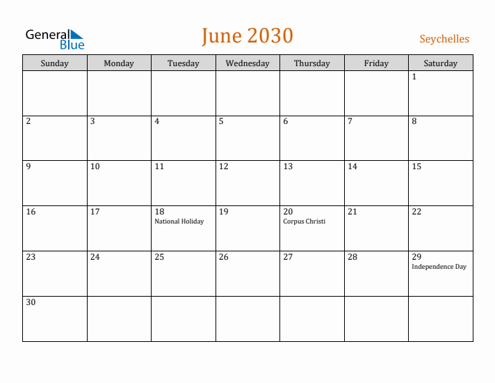 June 2030 Holiday Calendar with Sunday Start