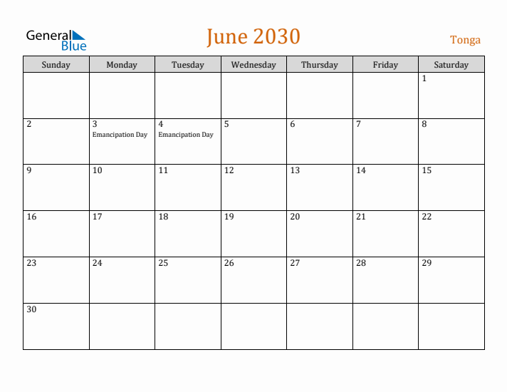 June 2030 Holiday Calendar with Sunday Start