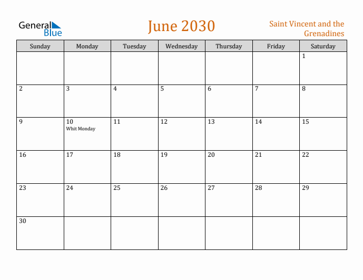 June 2030 Holiday Calendar with Sunday Start