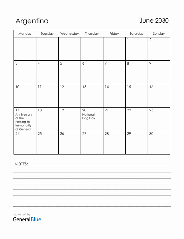 June 2030 Argentina Calendar with Holidays (Monday Start)
