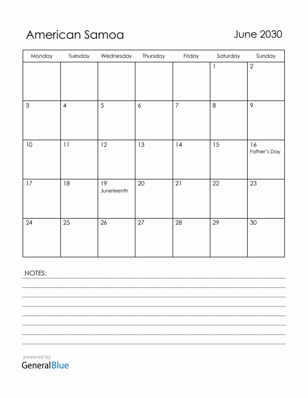 June 2030 American Samoa Calendar with Holidays (Monday Start)