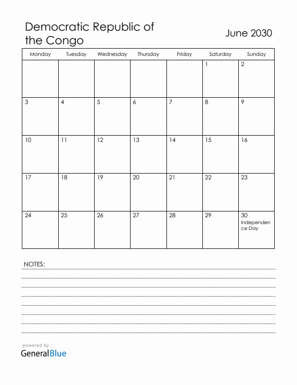 June 2030 Democratic Republic of the Congo Calendar with Holidays (Monday Start)