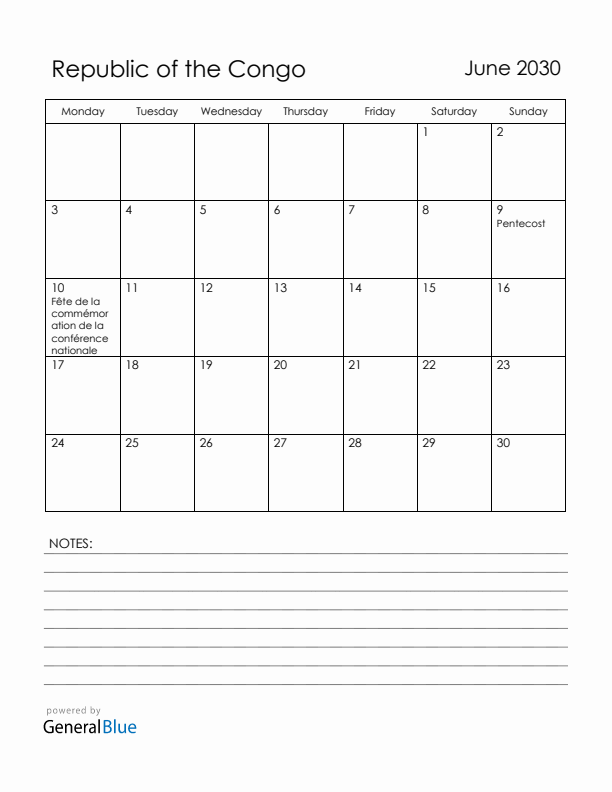 June 2030 Republic of the Congo Calendar with Holidays (Monday Start)